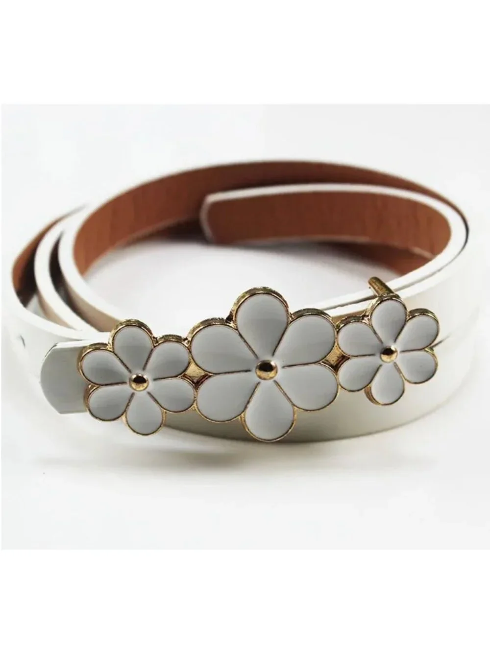 Floral Buckle Skinny Belt Set of 2 - Black & White with Gold Accents